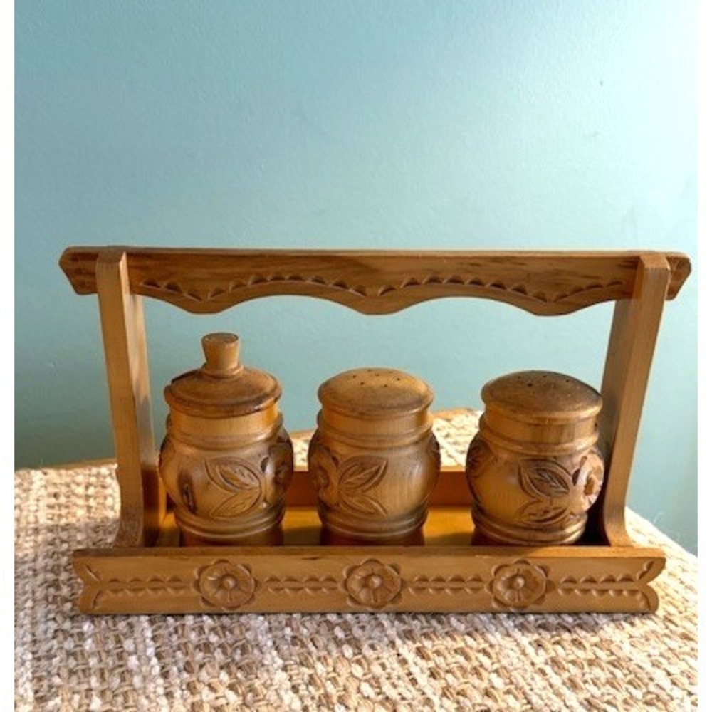 Vintage Hand Carved Wooden Condiments Set of 3 Carved Salt Pepper Caddy Tray